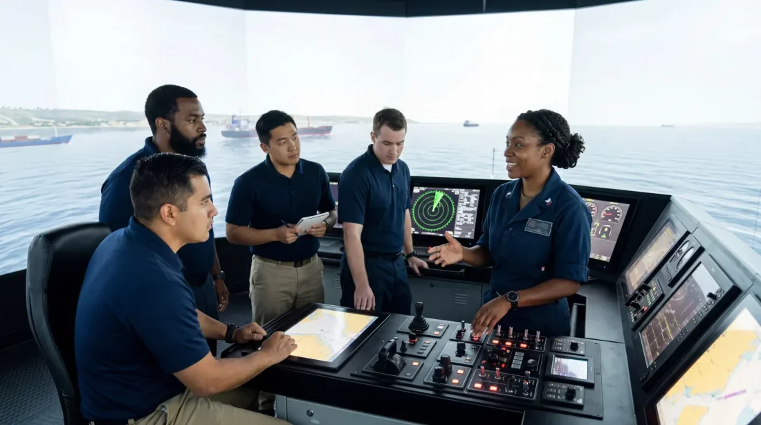 Köprüüstü simülatöründe ekip çalışmasını gösteren temsili görsel Köprüüstü simülatöründe ekip çalışmasını gösteren temsili görsel